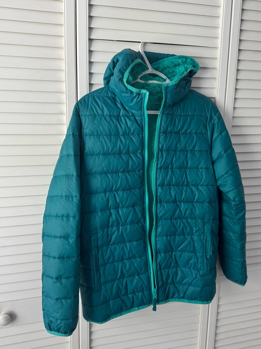 Double sided Lands' End Teal Hooded Quilted Puffer Jacket for Kids